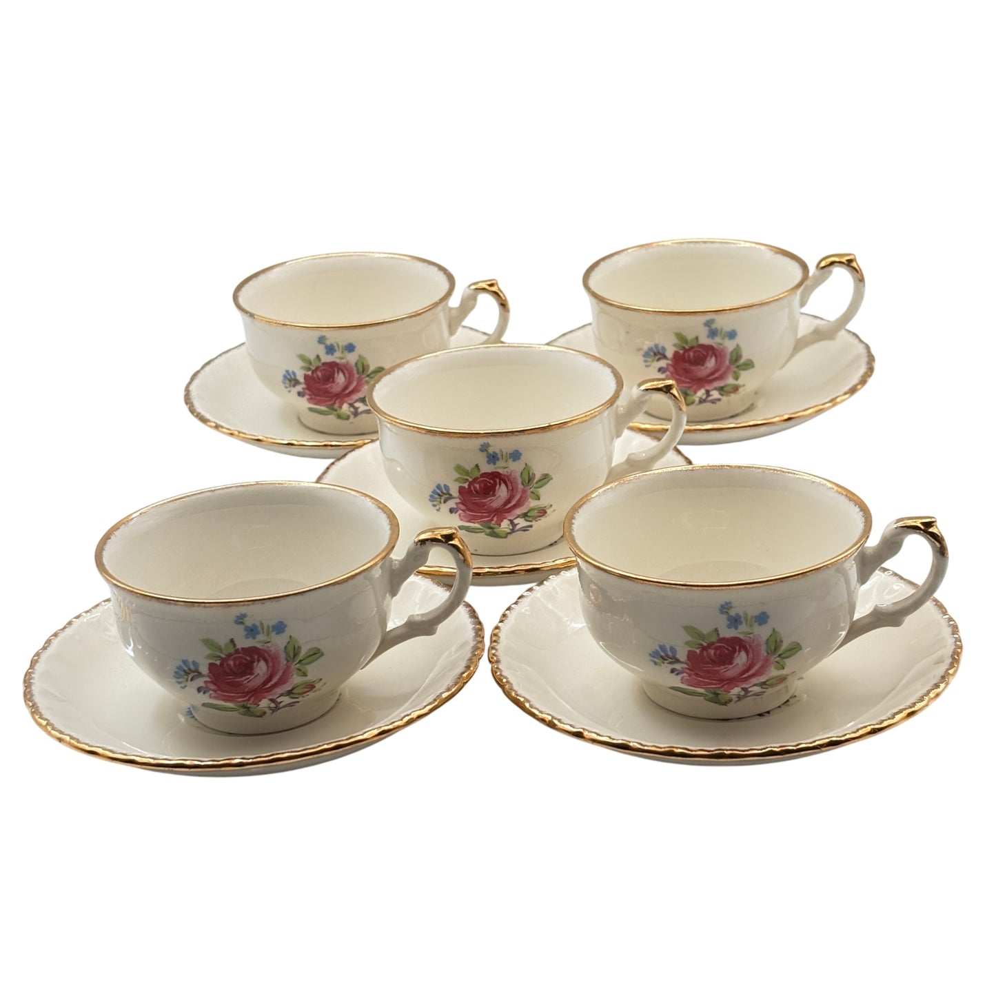 Set Of Five Vintage Cup & Saucers – Grindley England “Cream Petal