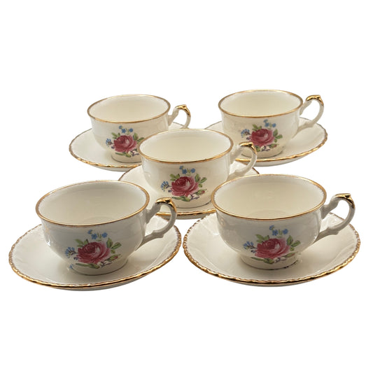 Set Of Five Vintage Cup & Saucers – Grindley England “Cream Petal